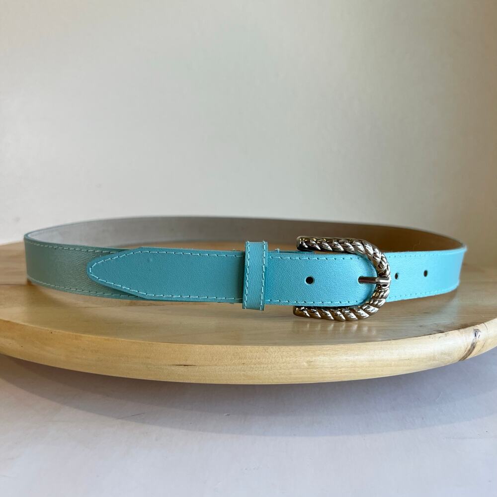 Vintage Blue Teal Vegan Leather Silver Swirl Buckle Belt Size Small/Medium